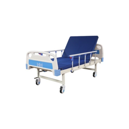 Single crank hospital bed ABS with mattress for patient care in hospitals and home use.