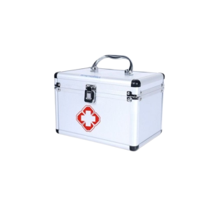 Fully equipped first aid kit box containing bandages, gauze, and safety essentials